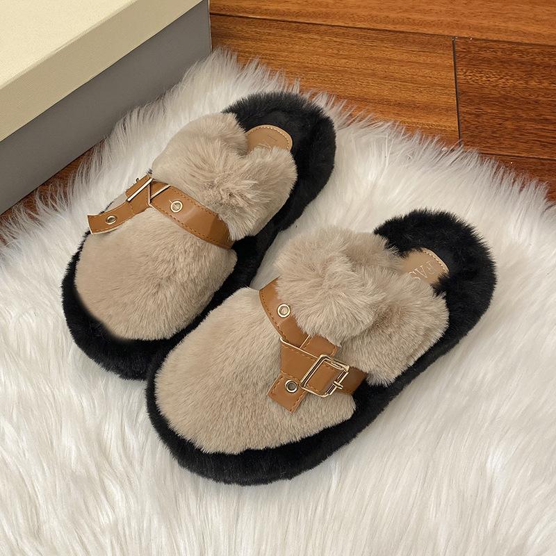 

Premium bag head half slippers women s outer wear 2025 autumn and winter new heightened thick-soled fluffy shoes home warm cotton mop 40 хаки