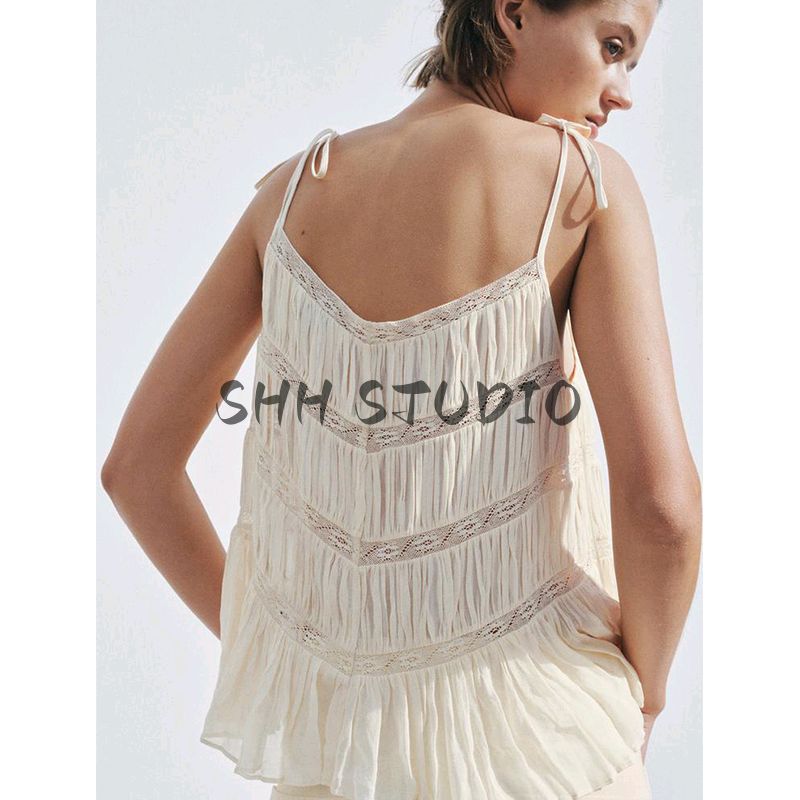 Spring New Women's Clothing American Ins Style Minimalist Easiest for Match Straight Lace Sling Round Neck Tops 6895054