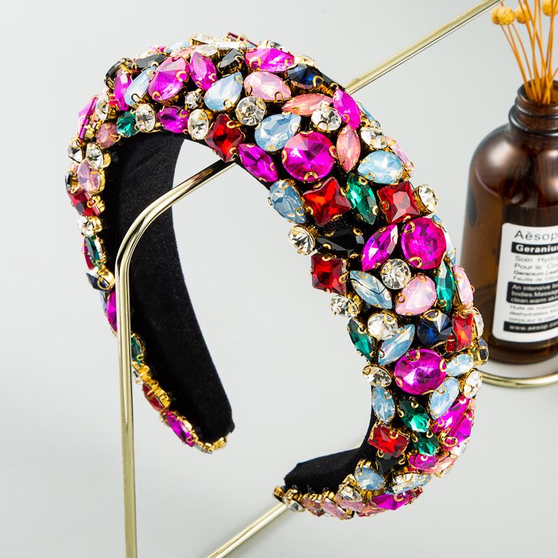 European & American Baroque Rhinestone Geometric Wide Headband - Colorful Thick Sponge Party Headdress