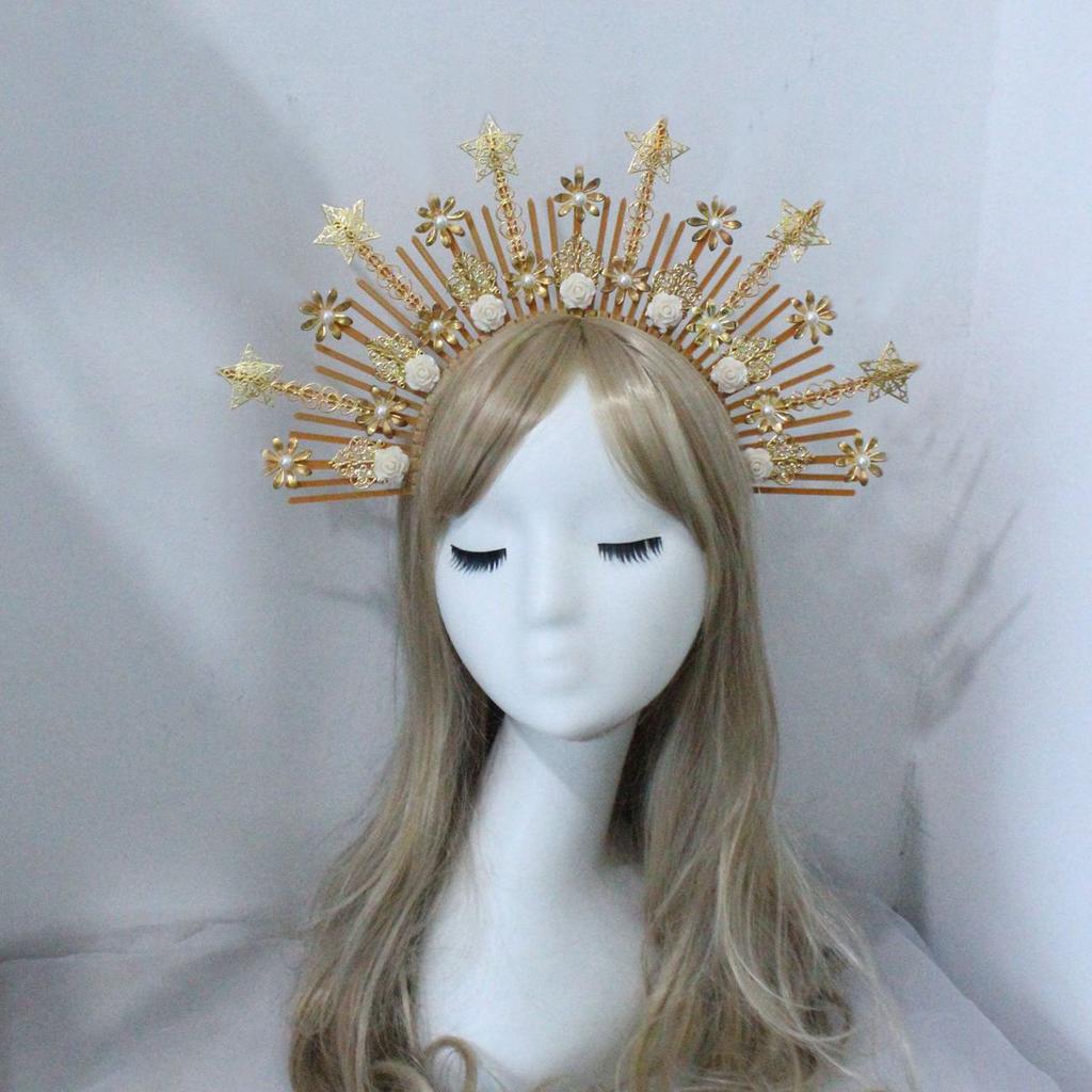 Handmade Sun Halo Crown Headband Gold Silver Black Star Hair Band Gothic Lolita Goddess Queen Anna Tiara Headpiece Accessories