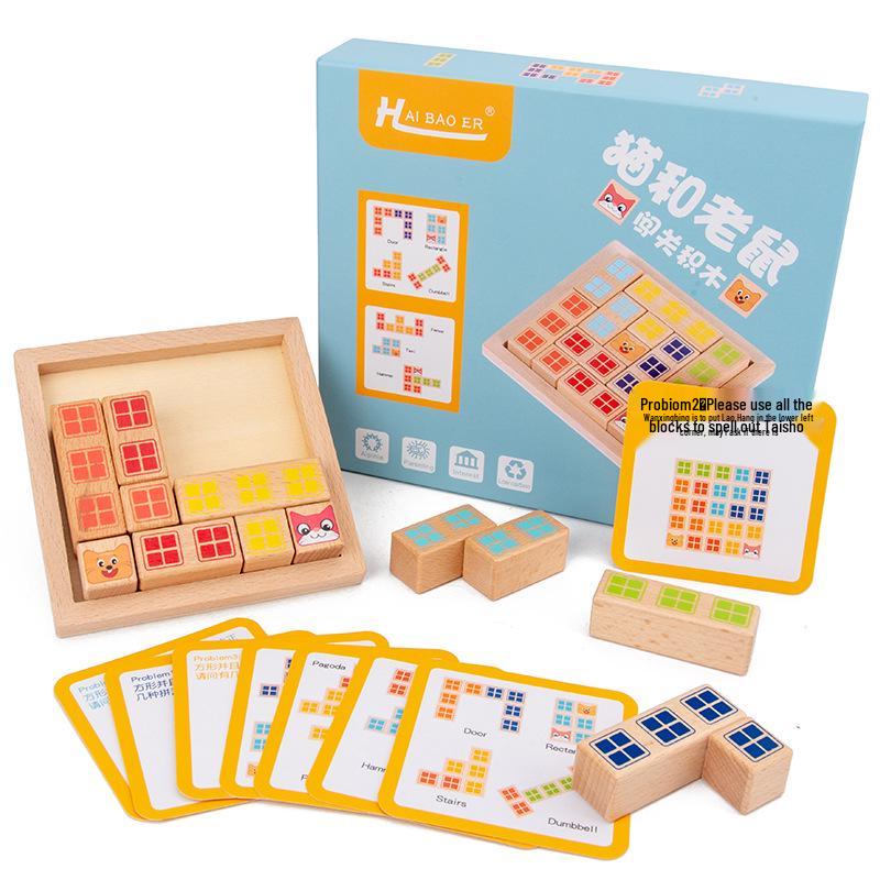 

Деревянные блоки-конструктор «Кошка и мышка»: Развивающая игра-пазл для детей