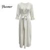 Bohemian Fall Dress Women V-Neck Lace for Fall, 3/4 Sleeves Maxi with Long Sleeve Belt, Solid Color Loose Casual Vacation Daily Wear