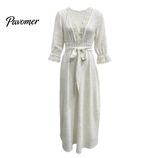 Bohemian Fall Dress Women V-Neck Lace for Fall, 3/4 Sleeves Maxi with Long Sleeve Belt, Solid Color Loose Casual Vacation Daily Wear