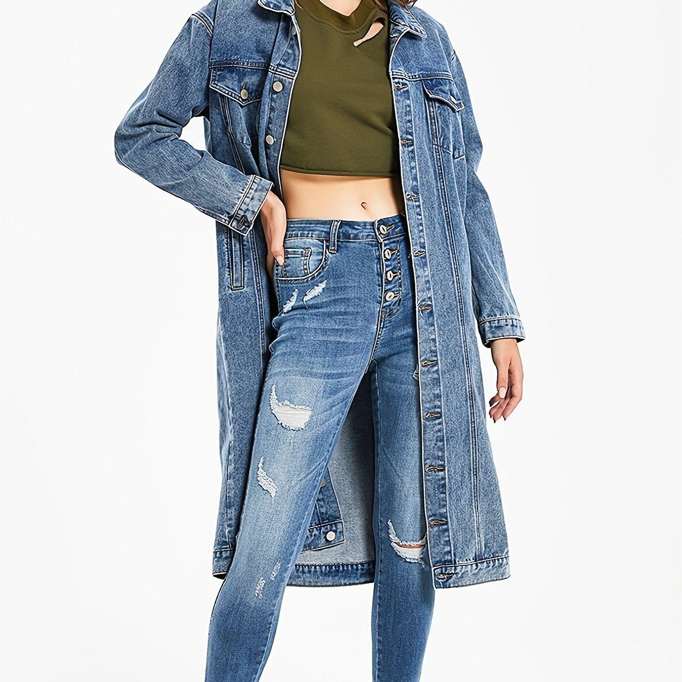 

Женская джинсовая куртка ретро средней длины с отложным воротником на пуговицах, верхняя одежда однотонная с длинными рукавами и нагрудными карманами XS синий