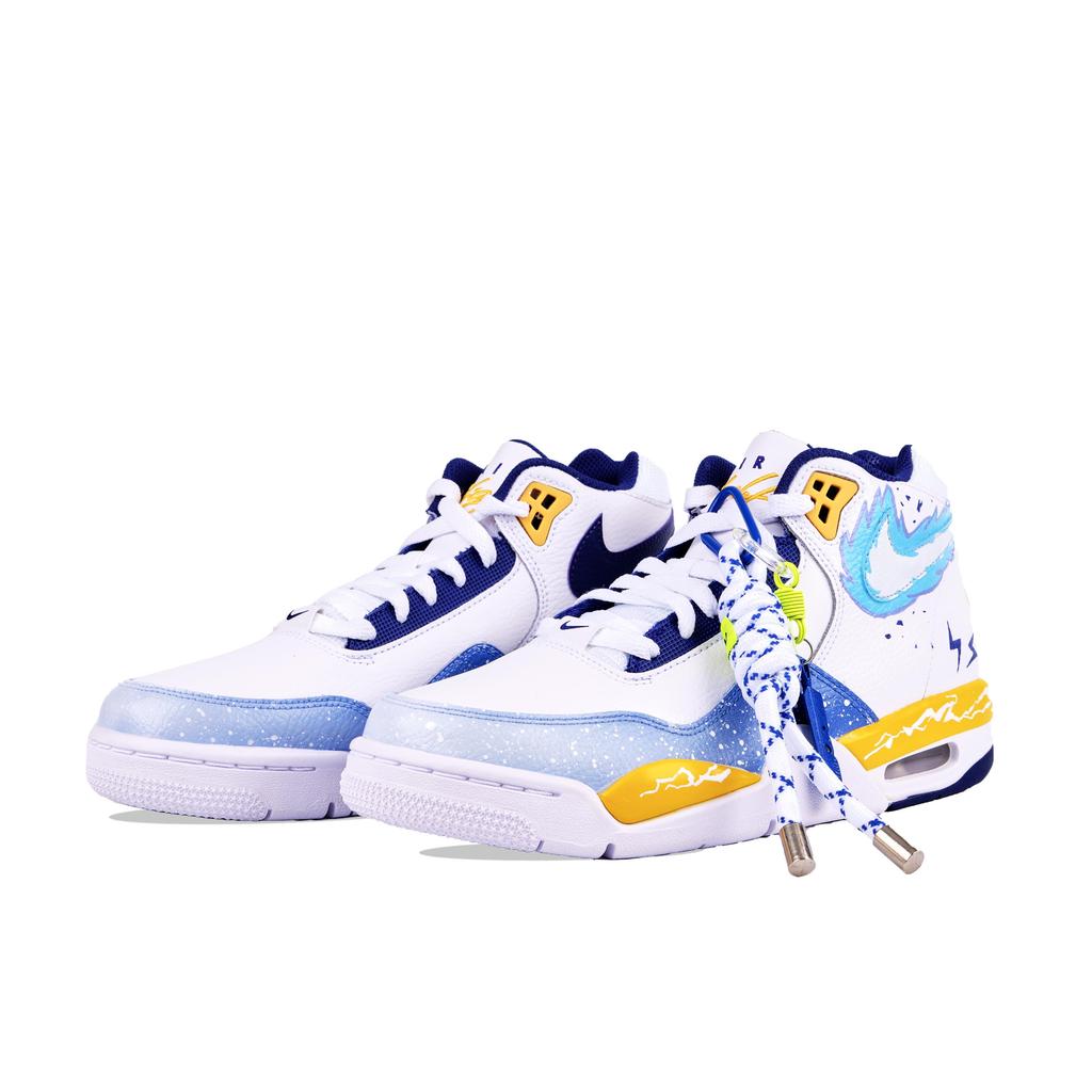 Nike Flight Legacy Slip Resistant Abrasion Resistant Mid top Vintage Basketball Shoes Men's White Blue BQ4212-102(Team626-)