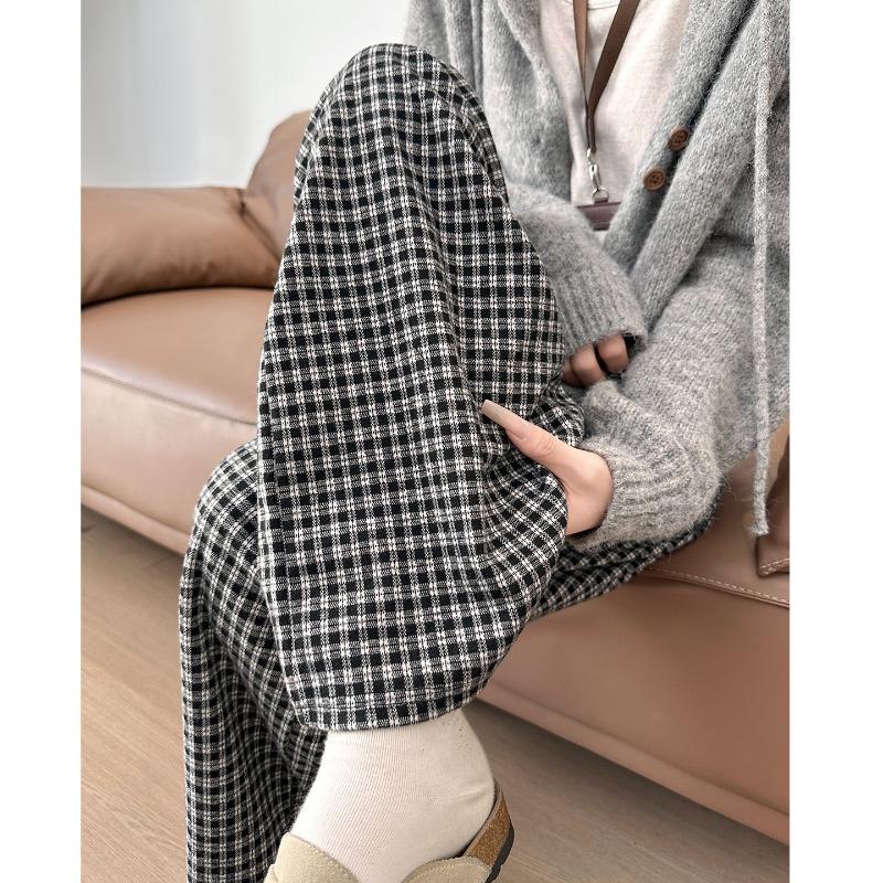 Plaid pants women's unique super good-looking pants spring and autumn small loose drape straight casual wide-leg pants