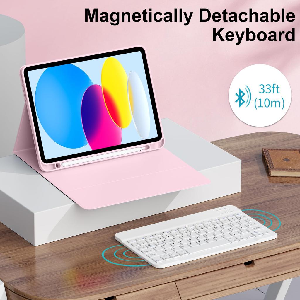 Pink Magnetic Bluetooth Keyboard Case for iPad 10th Gen 10.9 Inch 2020 iPad 11 A16 Protective Cover