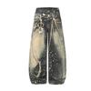 Unisex Streetwear Loose Fit Distressed Washed Denim Jeans With 3D Graphic Print Casual Wide Leg Trousers