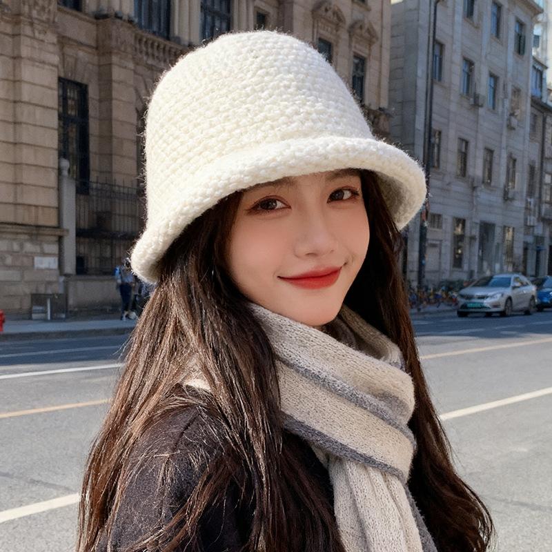 Autumn and Winter Thickened Woolen Fisherman's Hat for Women Curled Basin Hat Solid Color  Versatile Warm  Face Showing  Small Knitted Hat for Men
