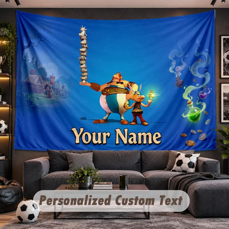 Wall Hanging Tapestry Custom NameAsterix & Obelix Pattern Personalized Printed Fabric Wall Decor