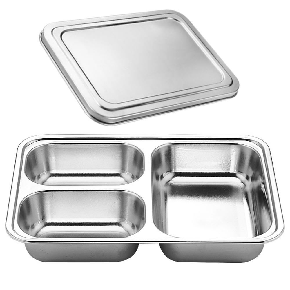 Stainless Steel Divided Lunch Box with Lid Lunch Container Fast Food Plate  Kitchen Tableware