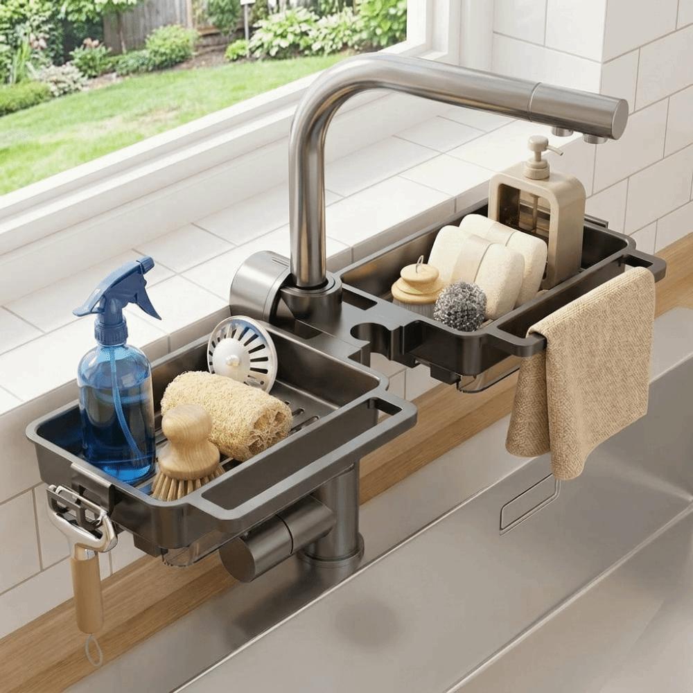 Plastic Sink Drain Rack Hanging Large Capacity Sink Faucet Organizer Adjustable Space Saving Soap Drainer Bathroom