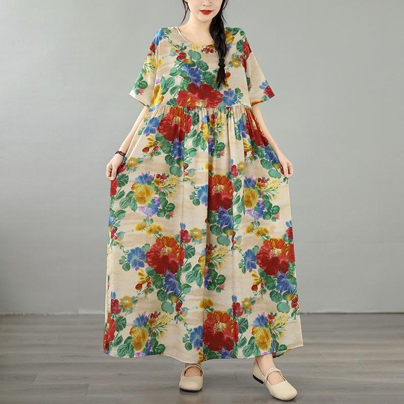 Kurzarm Plus Size Baumwolle Vintage Blumenmuster Neu in Kleidern für Damen lässig locker langes Sommerkleid