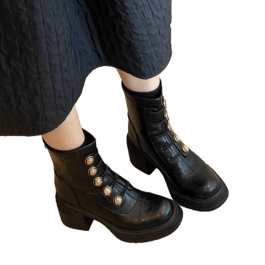 Sheepskin version~ Martin boots women's 2025 new British black round head badge small gold buckle rear zipper high heel short boots