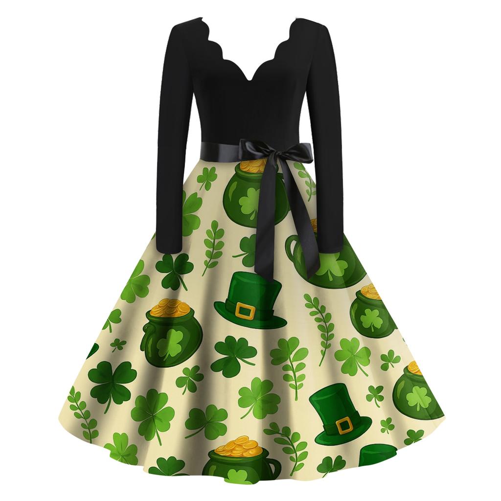 Damska Sukienka Codzienna Modna z Nadrukiem Dekolt V Retro Długi Rękaw