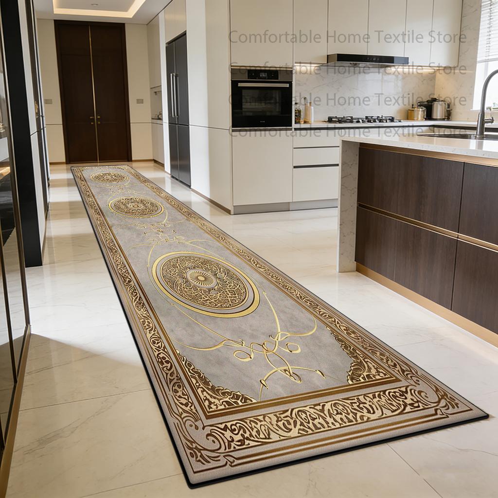 European Light Luxury Golden Pattern Corridor Rug Home Decoration Foldable Antiskid Carpet Easy Clean Lint-free Long Runner Mats