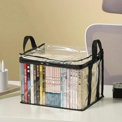 Caixa de armazenamento multifuncional, caixa de livros dobrável com alça, fecho de zíper, caixa de brinquedos à prova d'água, estojo de armazenamento transparente
