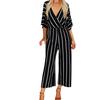 Fashion Women V-Neck Three Quarter Sleeve Striped Loose Jumpsuit Playsuit