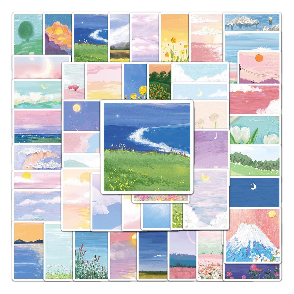 50 Scenery Oil Painting Graffiti Stickers for Children's DIY Diary, Skateboard, Phone Case, and Suitcase.