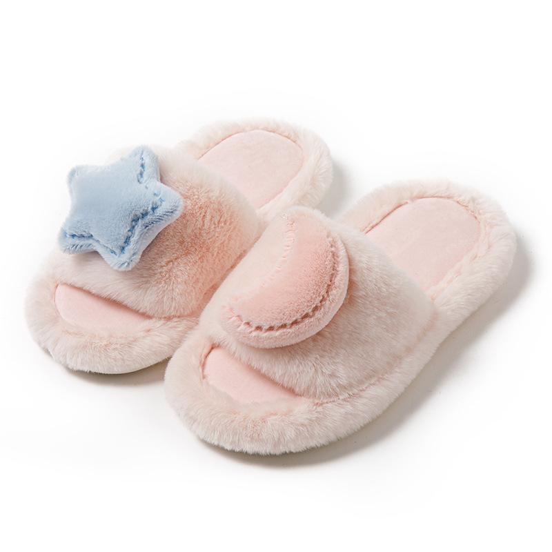 Elegant Star and Moon Color Collision Opening Cotton Slippers Winter Home Indoor Plush Slippers Female Warm Fur Slippers Female Home Shoes Slippers