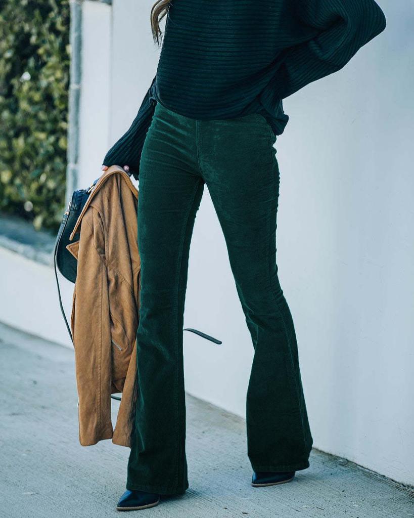 Spring/Summer 2025 Women's High-Waist Slim Fit Corduroy Flare Pants - Solid Color, Elastic Waist, Casual Drape