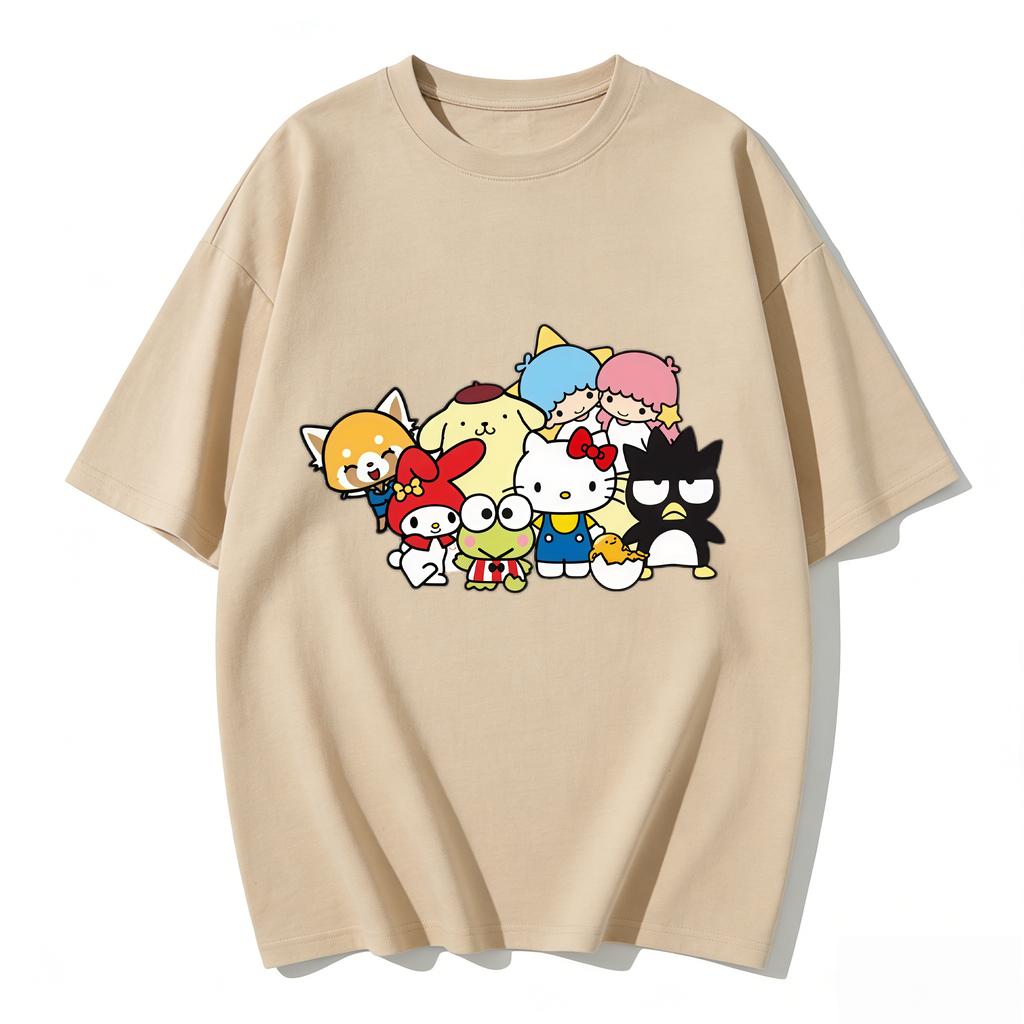 2026 New Sanrio Characters Group Cartoon Print Tshirt Family Matching Outfits Casual Short Sleeve Tee for Women Unisex Kids Tops