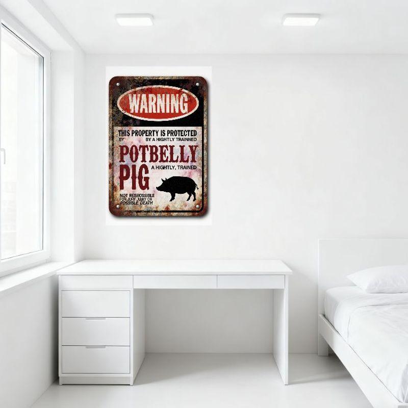 Vintage Potbellied Pig Warning Metal Tin Sign Rustic Weathered Property Protection Sign with Silhouette for Home Cafe Bar Man Ca
