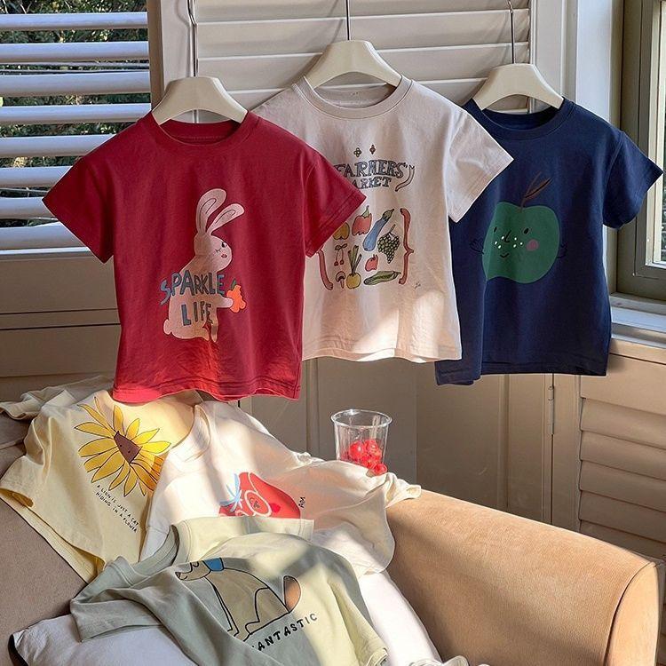 Girls Summer Cotton Cartoon Print T Shirt Loose Fit Short Sleeve Top