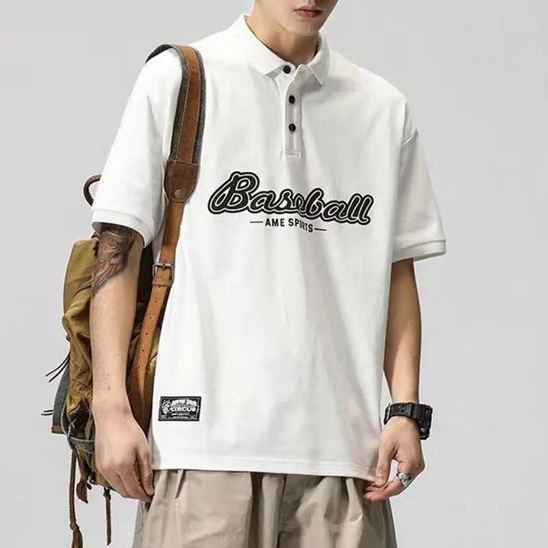 

American Retro Basic Polo Shirts Summer Fashionable Letter Printed Men s Clothing Polo-Neck Button Casual Short Sleeve T-shirts L белый