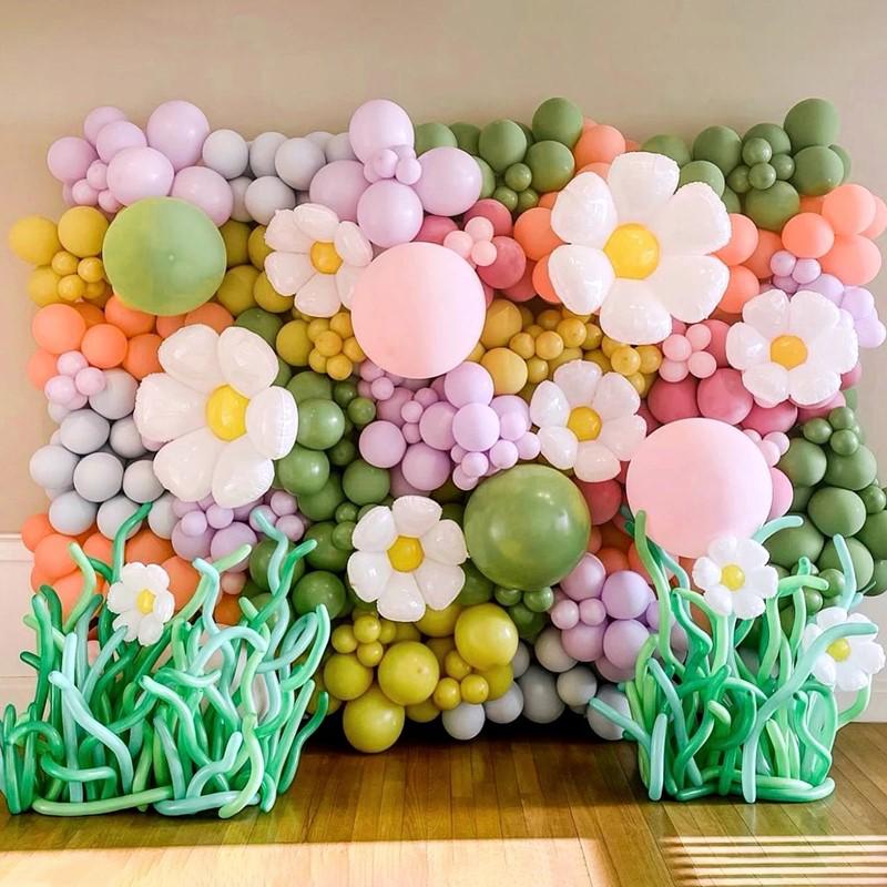 Colorful Macaron Daisy Wedding Dessert Table Decoration Set with Balloon and Flower Garland