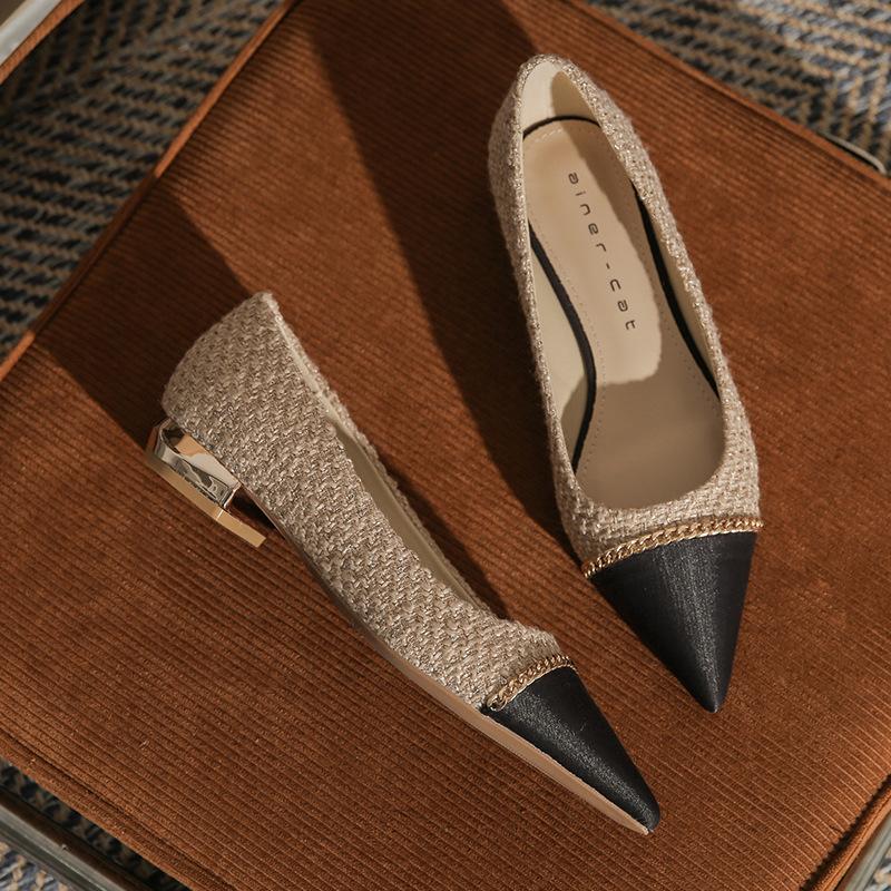 

2219 [sheepskin] pointed flat shoes women s autumn 2025 new thick heel color matching small fragrant wind low heel single shoes 35