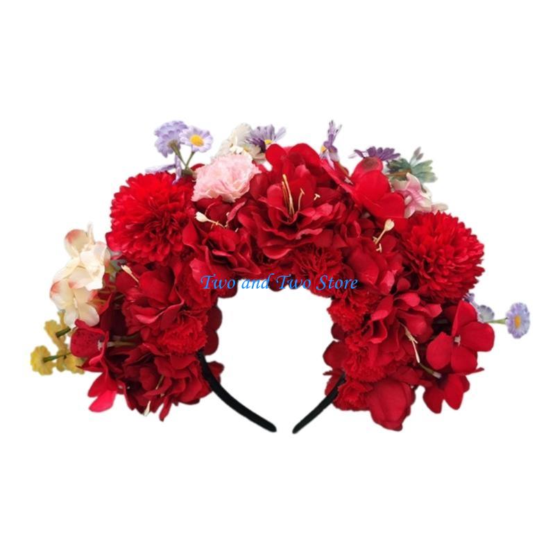 HX6F Flower Crown Headpiece with Double Side Headband for Bridal Women Photo Props