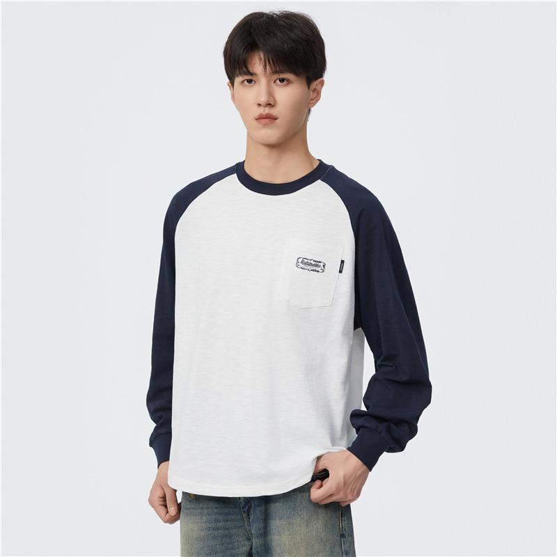 Splicing Contrasting Color Long-Sleeved Sweater T-Shirt Men'S Spring And Autumn Loose Round Neck Without Hat Pullover Casual Jacket On Clothes
