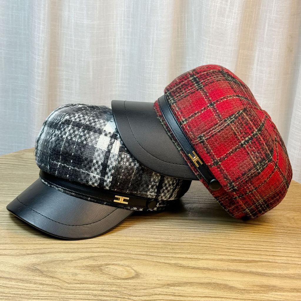 Octagonal Hat Women's Autumn and Winter Retro British Plaid Woolen Beret Versatile Newsboy Hat Trend