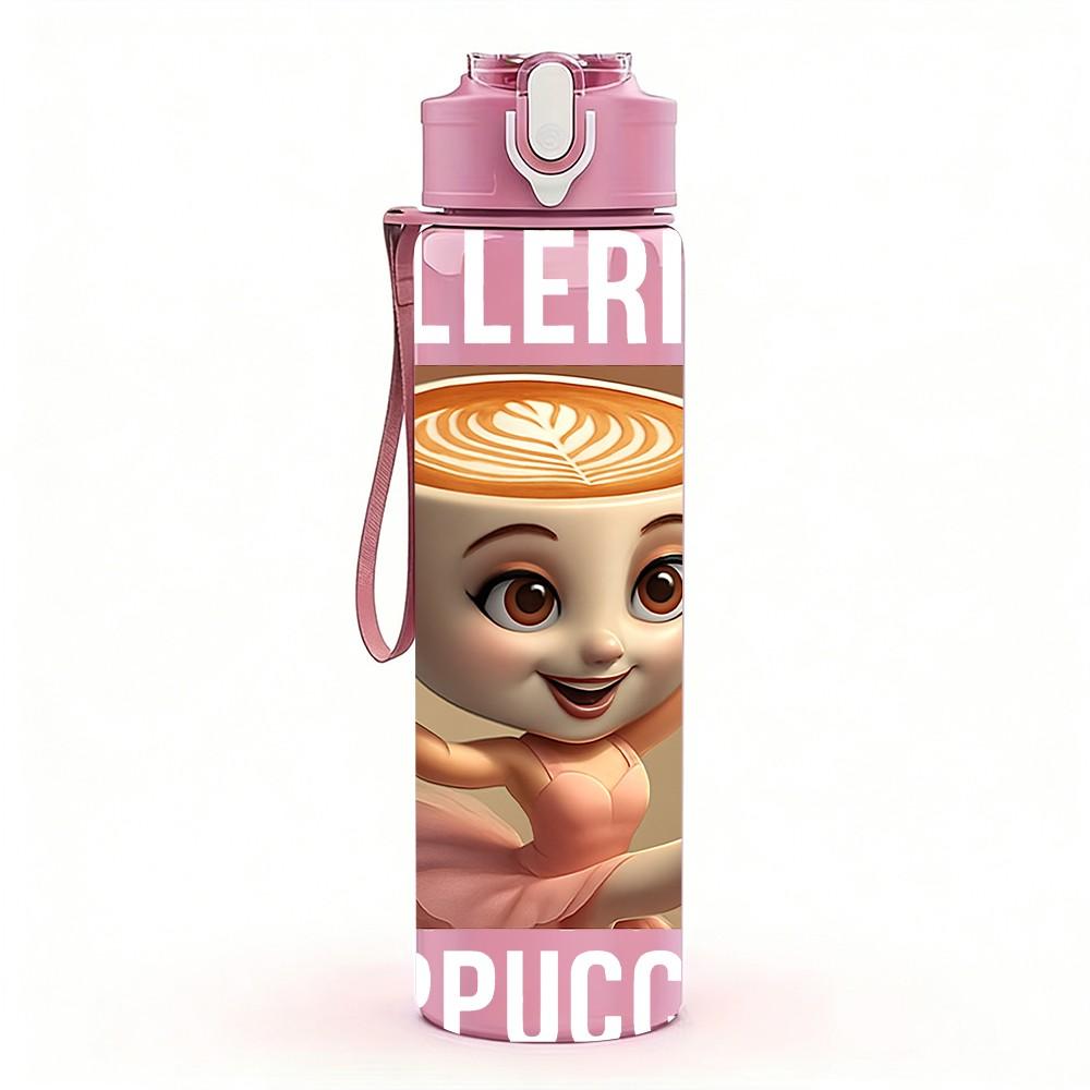 1PC Girl Holding Coffee Mug Portrait Print 750ml Color Plastic Sports Water Bottle Leakproof Flip Straw Lid Suitable for Sports Office Home Use
