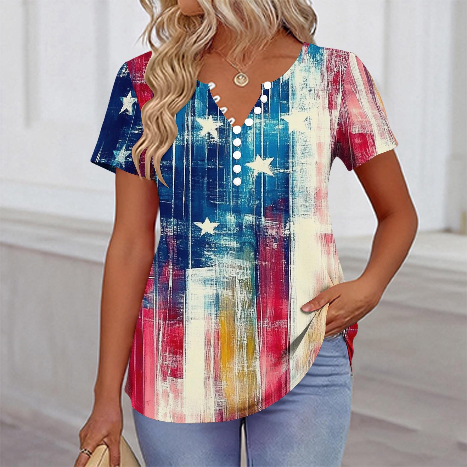 

Women’s Casual V Neck Short Sleeve Button Front Top with Star Print Relaxed Fit Comfortable Summer Shirt XL білий