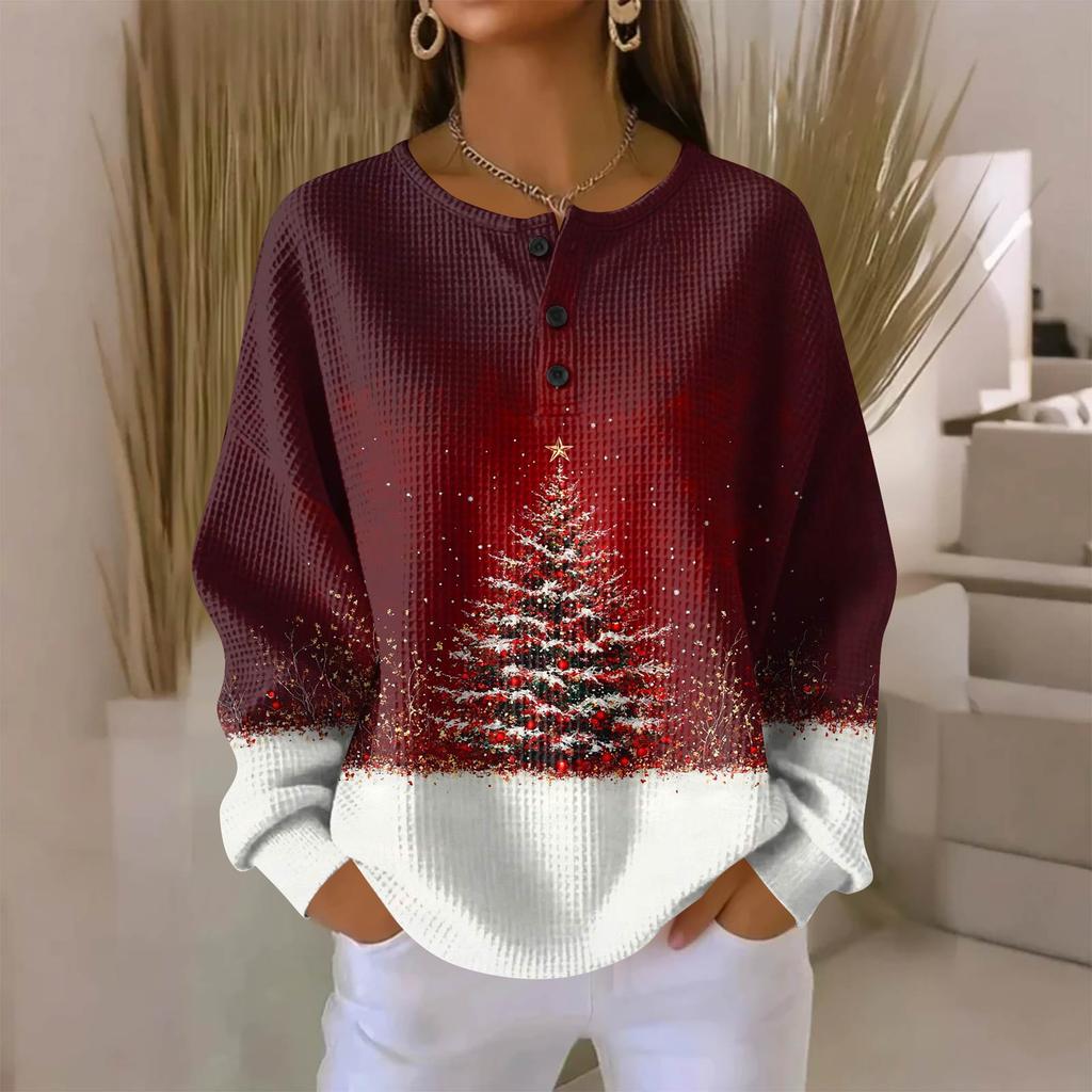 Camicia da donna alla moda casual con stampa natalizia, scollo a V, maniche lunghe e abbottonatura.