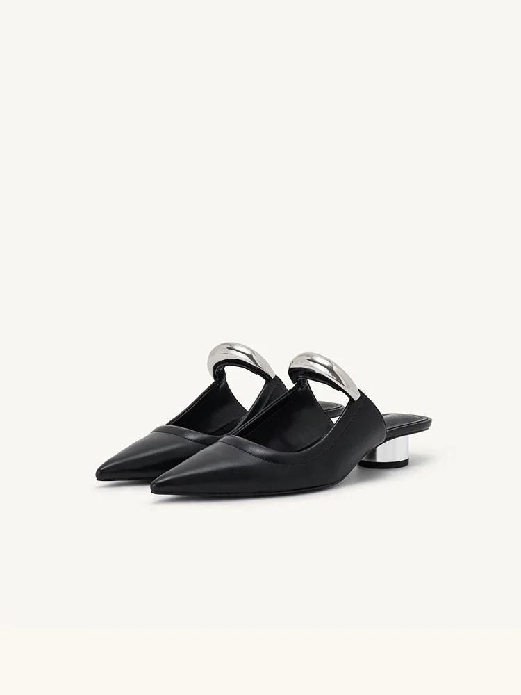 Fashion Punk Gothic Metal Buckle Low Heels Sandals Women 2024 New Pointed Toe Thick Heeled Summer Slippers Woman Platform Muller Shoes