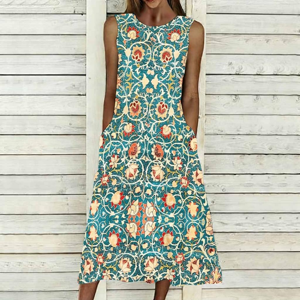 Women Plus Size Sleeveless Crew Neck Dress Bright Ditsy Botanical Flowy Mid Calf Dress