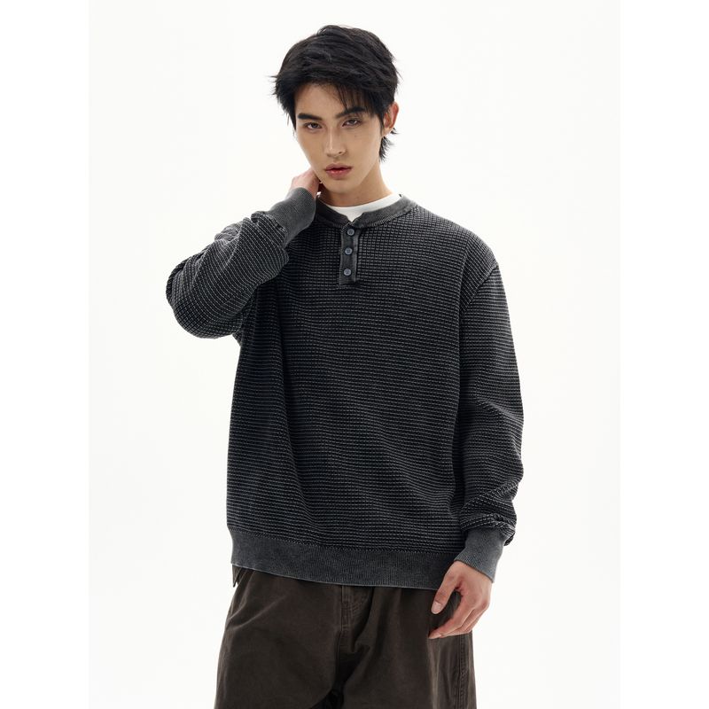 Kisko American Retro Waffle Henry Collar Work Clothing Long-Sleeved Men's and Women's High-End Loose Casual Knitted Tops
