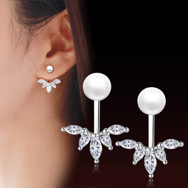 925 Sterling Silver Fashion Temperament Peacock Tail Zircon Pearl Rear Hanging Stud Earrings Birthday Party Anniversary Gift