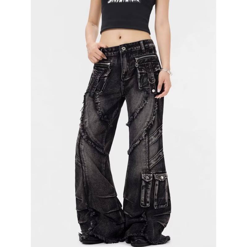 JYL Men's Cargo Flare Jeans Wasteland American Vibe Trendy Slim Straight Denim Pants