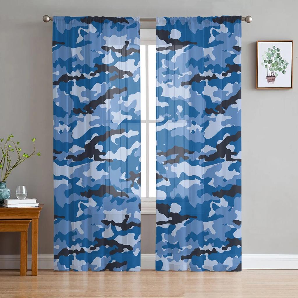 Blue Camouflage Printed Sheer Tulle Curtains for Bedroom Living Room Balcony Outdoor Summer Home Decor