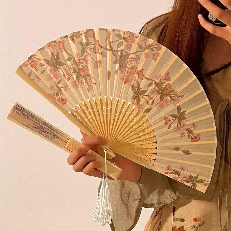 Portable Hand Fold Fan  Chinese Style Dance Props Retro Shell Fan Woman Men Bamboo Wood Silk Flower Folding Fan