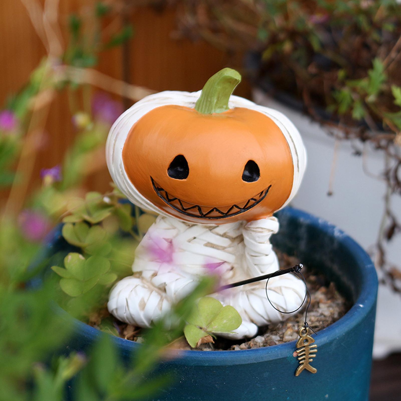 Halloween Figurines Mummy Pumpkin Fisherman Figurine pumpkin head man fishing ornaments Spooky Gothic Statue Home desktop decor CN