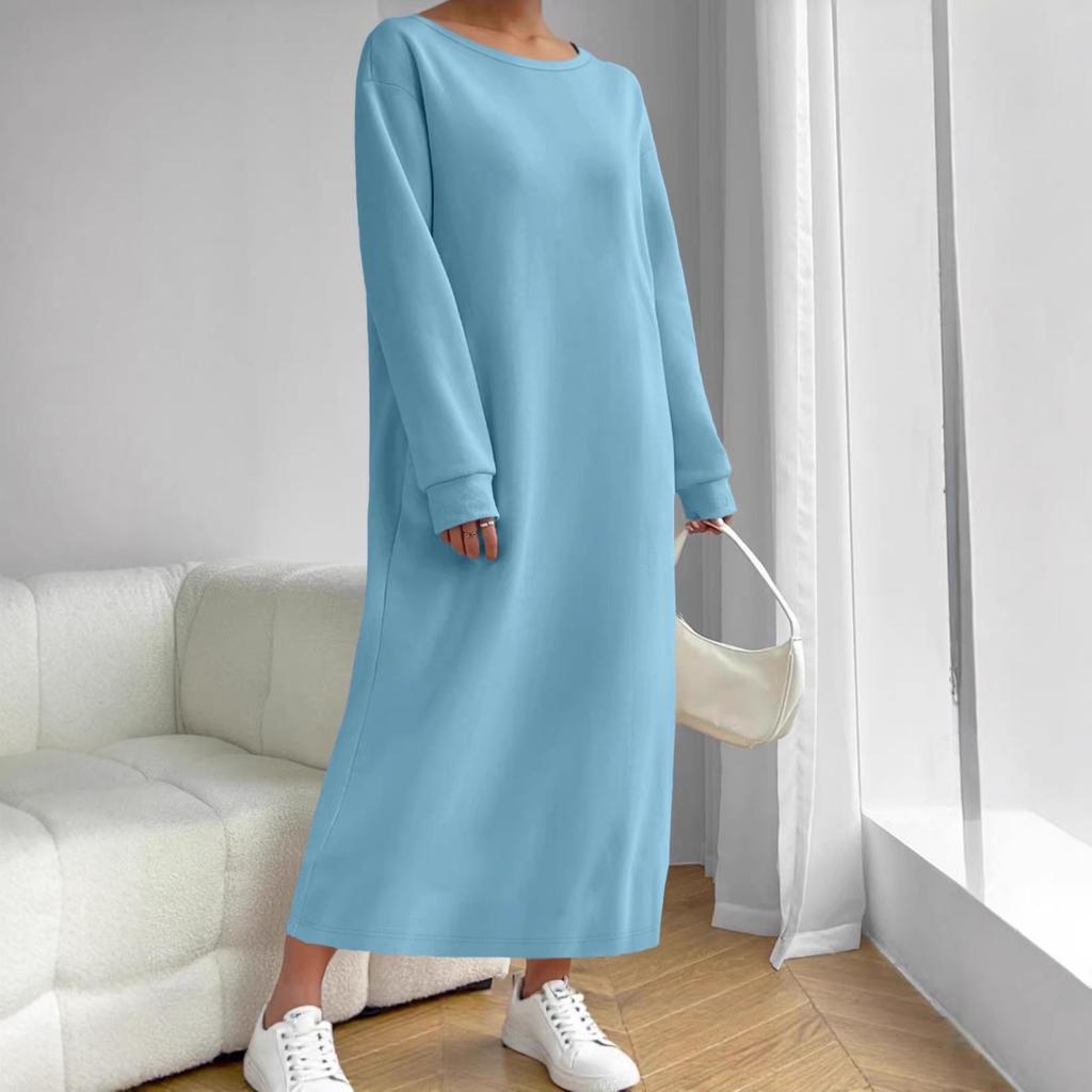 2025 Autumn/Winter Casual High-End Long-Sleeved Solid Color Round Neck Sweatshirt Dress