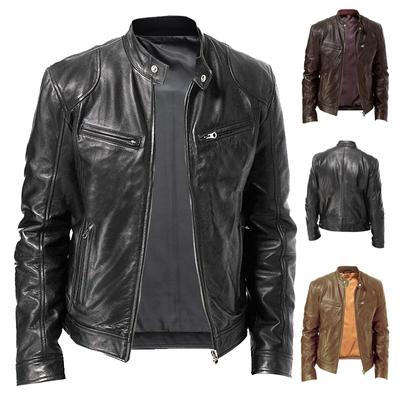 Jarní Pánský stojáček Úzká kožená bunda Kapsa na zip Dekorativní kožená bunda Motorkářské oblečení Pánská bunda