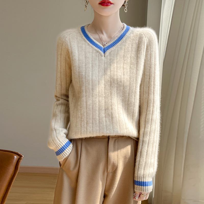 Women's Color Block V-Neck Loose Wool Pullover - Chic & Trendy Cashmere Outerwear