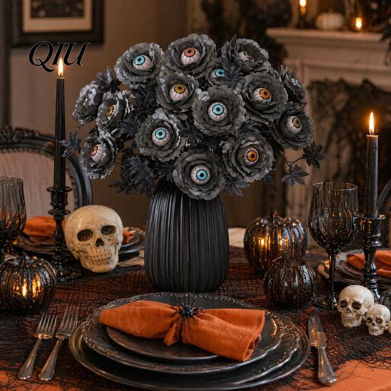 Reusable Halloween Decor Eyeball Flower Stem, Artificial Rose Floral Pick with Eyeball, Spooky Branch Decoration Gothic Black Branches for Vase, Home