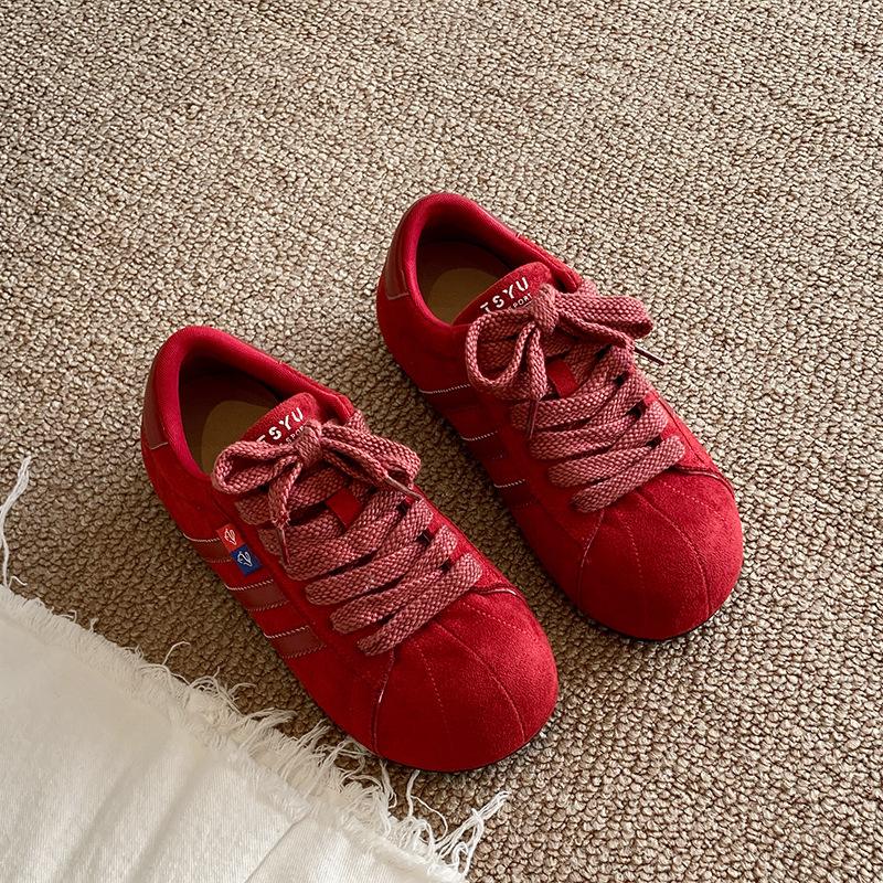 European Matte Red Big Head Lace-up Bread Shoes Casual Board Shoes Thin German Training Shoes Flat Shoes Sports Shoes Women's Shoes